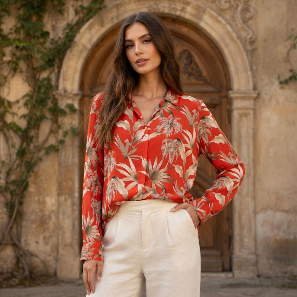 Tommy Bahama Exotic Tropical Blazing Orange Hawaiian Silk Blouse Shirt Size M